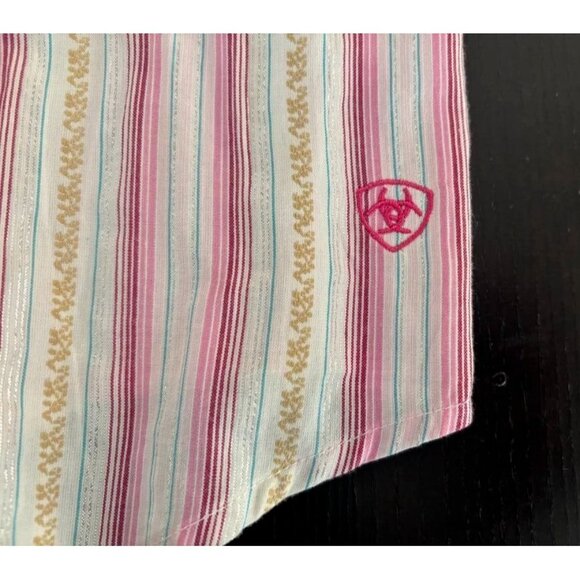 ARIAT Womens Western Shirt Size Large Pink Metallic Striped Rhinestone Snaps - Picture 8 of 9